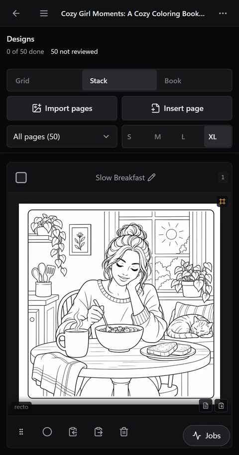 KDPify for Android showing a full coloring page of a woman enjoying breakfast beside a sleeping cat